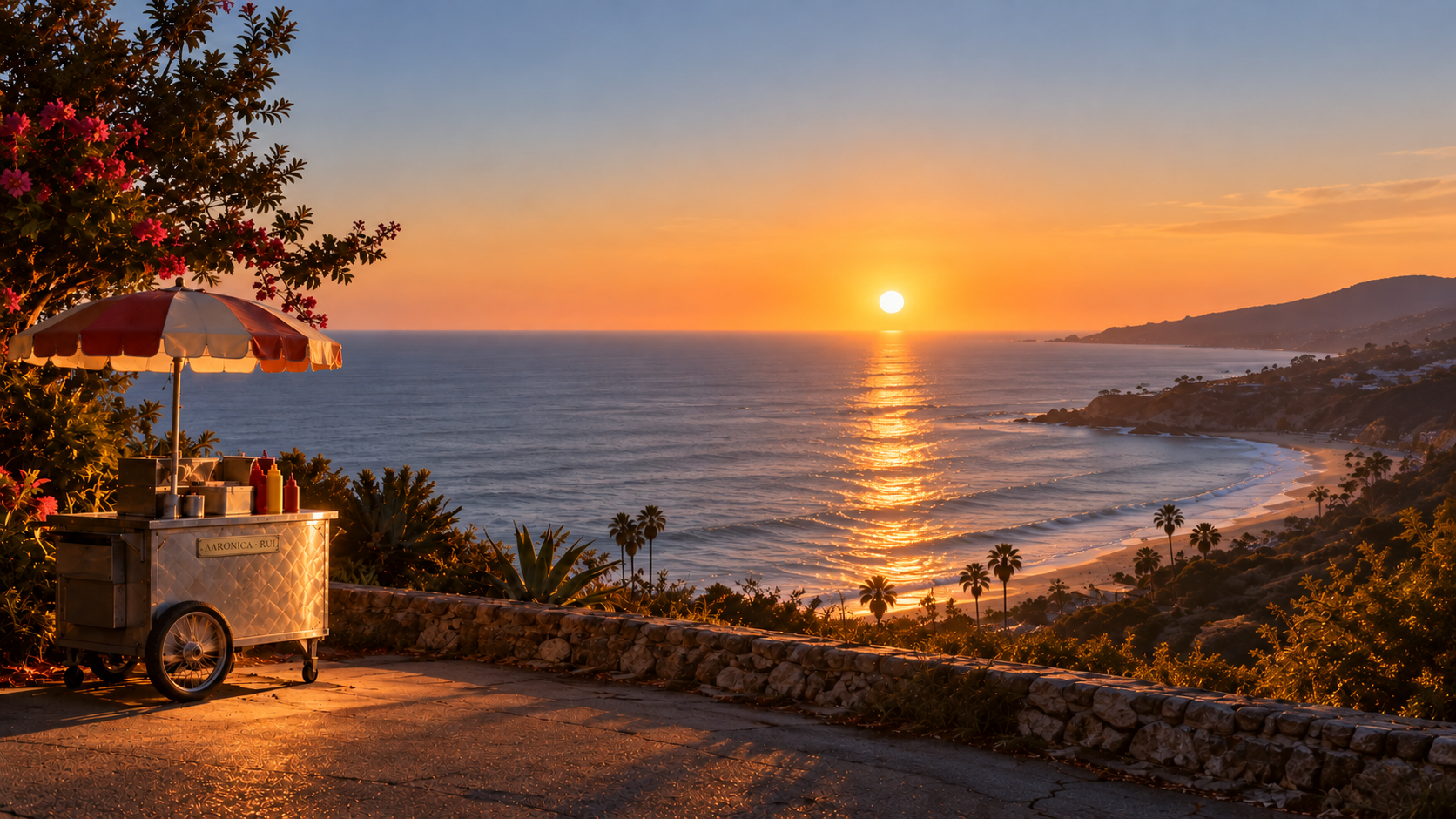 A flowering tree and a vintage hot dog cart bearing the AARONICA · RUI nameplate overlook a golden sunset reflected in the sea.